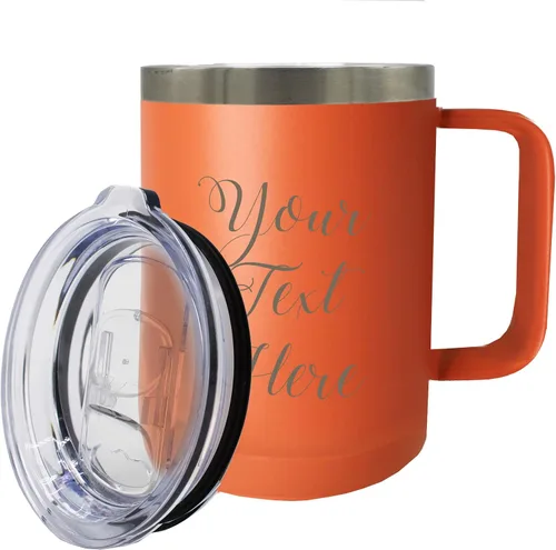 My Personal Memories Taza de café personalizada de 15 onzas con aislamiento y asa y tapa, monograma y grabado con tu texto (coral)