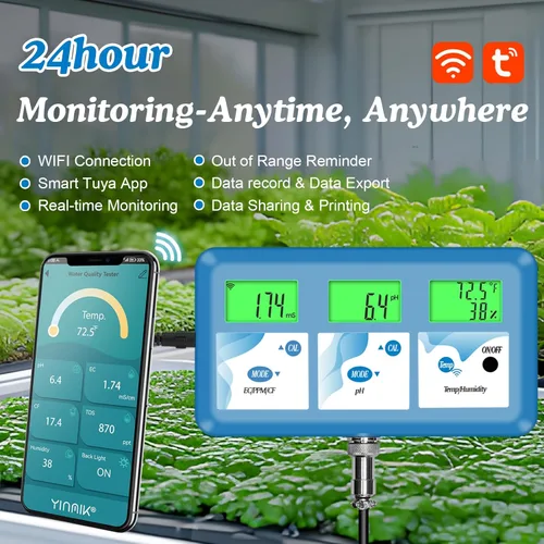 Miniatura 2 de Monitor de pH hidropónico ppm, WiFi 6 en 1 medidor de pH EC para sistema de cultivo hidropónico, monitoreo continuo pH PPM EC CF humedad temperatura