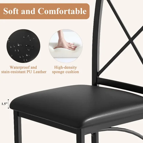 Miniatura 3 de VECELO Juego de 4 sillas de comedor de metal, patas de acero y asientos acolchados de piel sintética para cocina, sala de estar, color negro