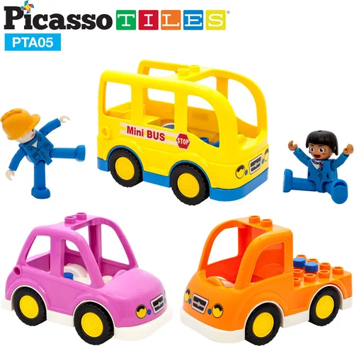 Miniatura 8 de PicassoTiles Juego de figuras magnéticas de 5 piezas para vehículos y figuras de acción, incluyendo autobús escolar, automóvil, camión y 2