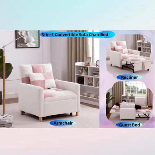 Miniatura 4 de Linique Sofá cama convertible, silla ajustable con almohada, silla multifuncional con tela de peluche suave para sala de estar, dormitorio