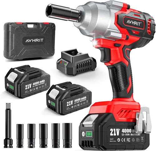 Avrhit - Llave de impacto inalámbrica de 1300 N.m (960 pies-libras), pistola de impacto eléctrica de 1/2 pulgada, potencia de 2200 RPM, 2 baterías