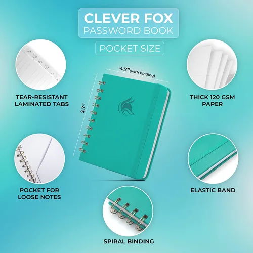 Miniatura 2 de Clever Fox Libro de contraseñas en espiral, mini organizador de direcciones de Internet y contraseñas con pestañas alfabéticas laminadas, diario