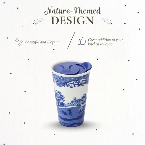 Miniatura 4 de Spode Taza de viaje de porcelana italiana azul de 8 onzas con tapa – Vaso con estampado escénico con borde decorativo – Taza de café de cerámica