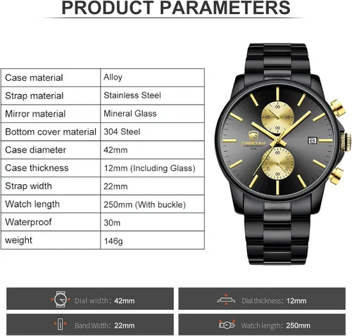 Miniatura 4 de Golden Hour Fashion Business Relojes para hombre con cronógrafo a prueba de agua de acero inoxidable reloj de cuarzo con fecha automática