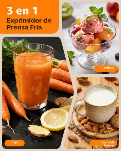 Miniatura 7 de Máquinas exprimidoras 3 en 1 de prensa en frío, 6.5 pulgadas Mega canal para fruta entera, exprimidor de masticación lenta con máquina de sorbete