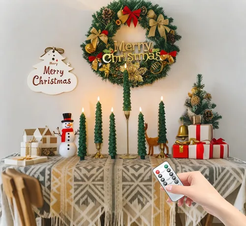 Miniatura 4 de Fo32won Candelabros sin llama en forma de árbol de Navidad a pilas con control remoto y temporizador, juego de 4 velas LED cónicas de cera real