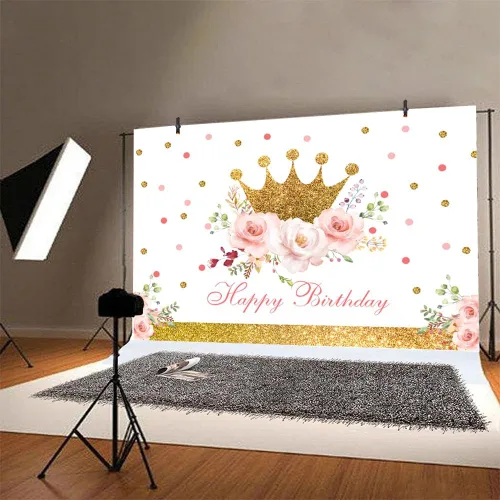 Miniatura 5 de Telón de fondo de feliz cumpleaños de 5 x 3 pies para niñas, corona dorada, fondo de fotografía floral rosa para decoración de fiesta de cumpleaños