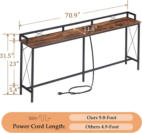 Miniatura 3 de VECELO Mesa consola de 71 pulgadas con 2 salidas y 2 puertos USB, muebles de entrada con cable de alimentación de 9.8 pies de largo, deflector