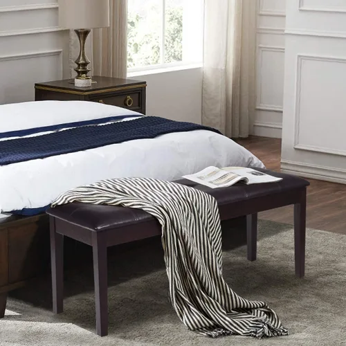 Miniatura 7 de Asiento de comedor tapizado con piel sintética, banco otomano con botones y patas de madera de goma, banco de extremo de cama para dormitorio, banco