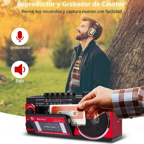Miniatura 6 de Reproductor de casete portátil con radio AM/FM/SW y BT, Boombox para el hogar y viajes, grabación desde radio, reproducción a través de SD/USB