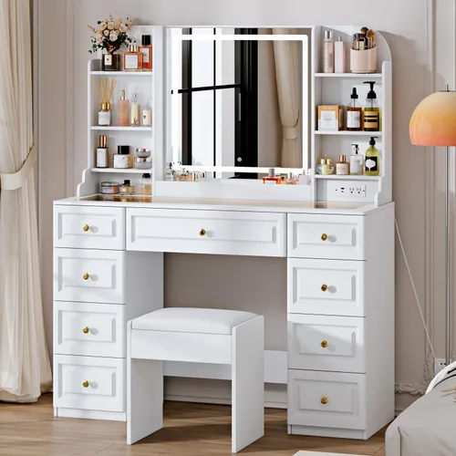 Miniatura 10 de Arulvmrn Escritorio de maquillaje de 43 pulgadas con espejo y luces, y toma de corriente, mesa de tocador grande con parte superior de vidrio con 9