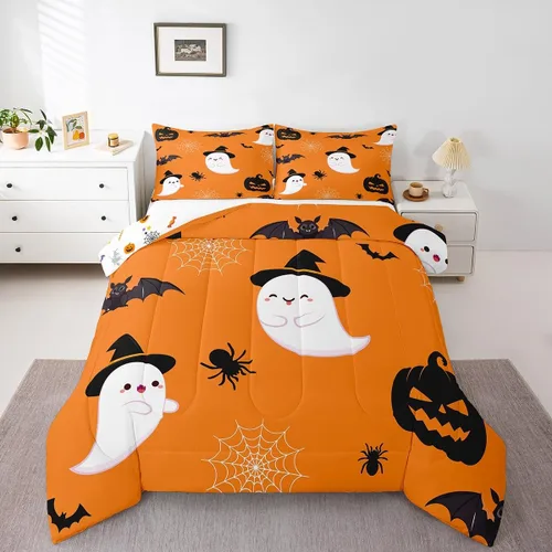Erosebridal Juego de edredón divertido de Halloween para niños, juego de ropa de cama de calabaza fantasma, decoración de Halloween para niños y