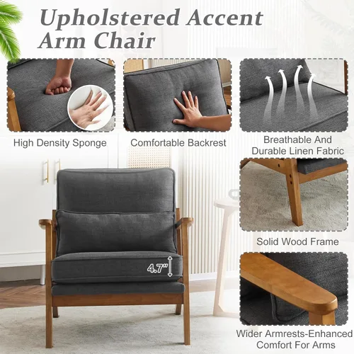 Miniatura 5 de VINGLI Juego de 2 sillas decorativas de madera maciza con reposabrazos anchos, sillas modernas tapizadas de mediados de siglo con almohada, silla