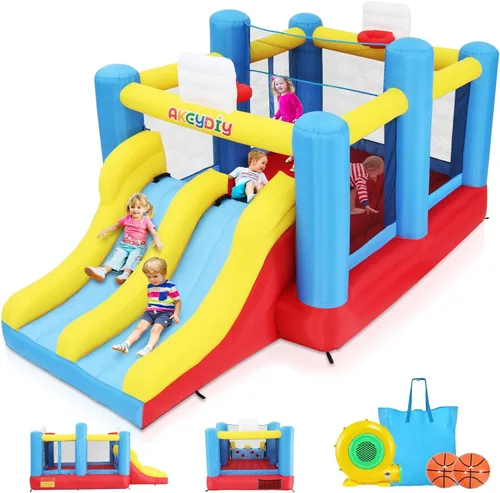 AKEYDIY Casa inflable para rebotar, casa inflable para interiores y exteriores con soplador para niños, juego de pelota deportiva con doble tobogán,