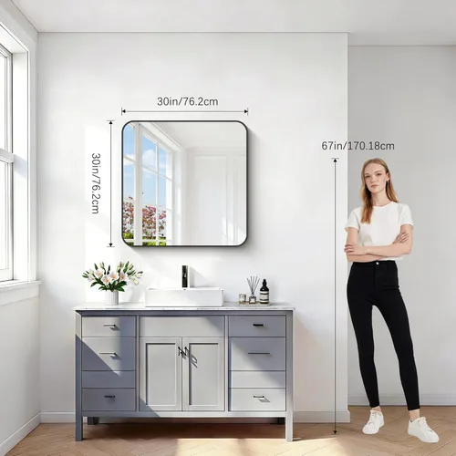 Miniatura 6 de Espejos de baño negros para pared, espejo cuadrado de 30 x 30 pulgadas, espejo de pared con marco de metal de esquina redondeada, espejo de tocador