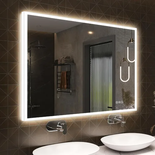 Miniatura 10 de SBAGNO - Espejo de baño LED con luces, 32 x 28 pulgadas, borde 3D, espejo de pared con Bluetooth, antivaho, atenuación continua, 3 colores, espejo
