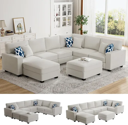 Legend Vansen - Sofá modular seccional en forma de U con otomano, moderno, reversible, de esquina, para sala de estar (Créma, Sofá en forma de U-3)