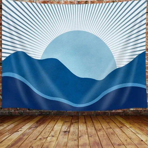 JAWO Tapiz Bohemio Azul, Tapiz de Naturaleza con Montaña Abstracta y Sol Dorado para Colgar en la Pared para Dormitorio, Tapices de Paisaje
