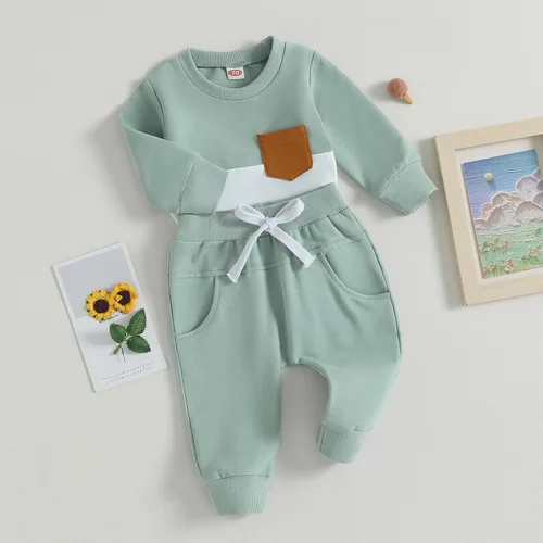 Miniatura 9 de Conjunto de ropa de otoño e invierno para bebé niño pequeño, sudadera de manga larga con colores contrastantes, pantalones elásticos para recién