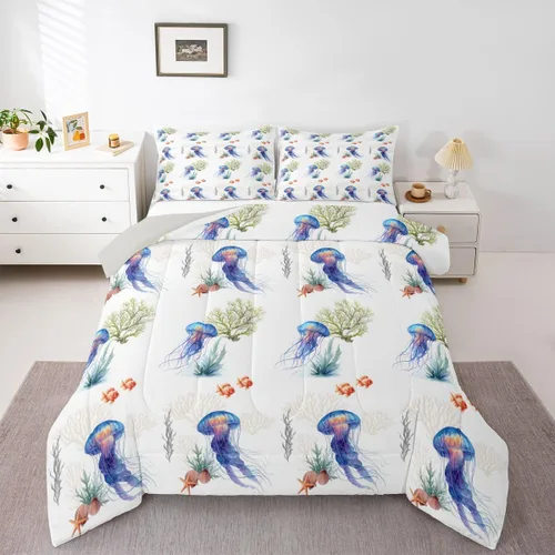Miniatura 43 de Erosebridal Blue Ocean - Juego de edredón tamaño individual Juego de ropa de cama de ballena delfín y tortuga marina para niños y niñas, juego