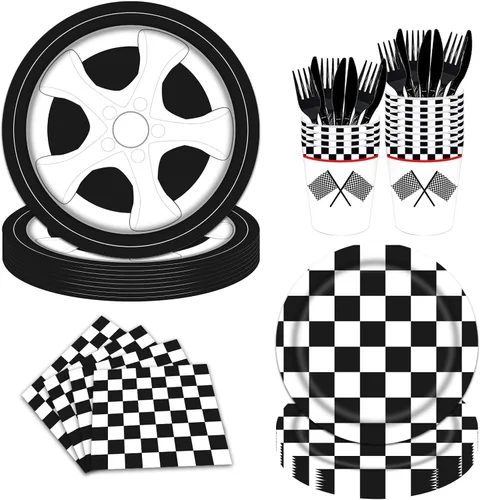 144 piezas de suministros de fiesta de cumpleaños de coches de carreras para niños, juegos de vajilla de coches de carreras en blanco y negro a