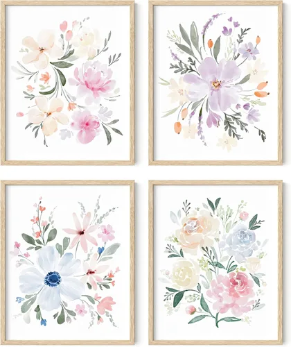 HAUS AND HUES Decoración de pared de flores, juego de 4 ramos, pintura de flores enmarcada, cuadros florales, decoración de pared botánica (8 x 10