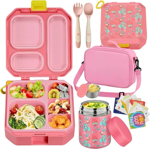wiwens Lonchera Bento para Niños con Termo para Sopa de 12 oz a Prueba de Fugas, Contenedor de Comida para Almuerzo con 5 Compartimentos, Frasco