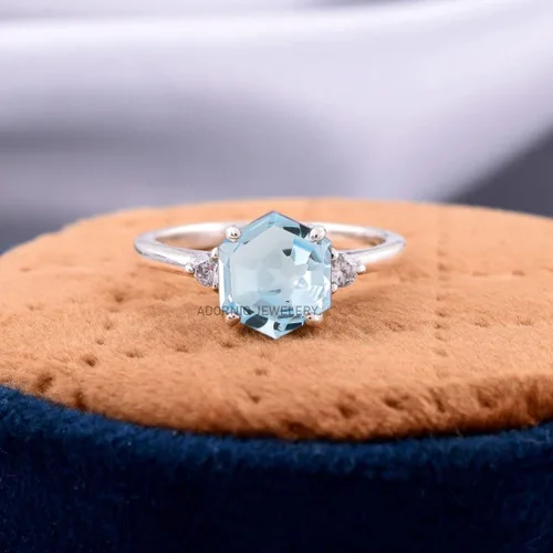 Miniatura 7 de Anillo de plata de ley 925 para mujer, anillo de diamantes de imitación de aguamarina de plata esterlina, anillo Art Deco de marzo, piedra natal