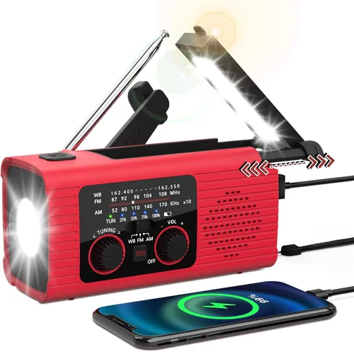 Miniatura 12 de Nitigo - Radio de emergencia de 4,000 mAh con manivela solar AM/FM/NOAA, portátil, con cargador de teléfono, linterna LED, lámpara de lectura