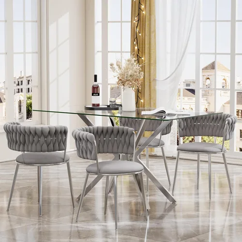 Miniatura 34 de Juego de mesa de comedor de cristal negro de 47 pulgadas para 4, juego de mesa de cocina minimalista moderno y 4 sillas de comedor de terciopelo