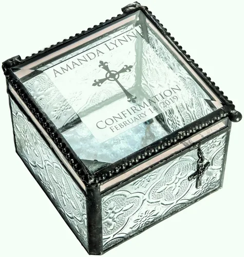 Miniatura 7 de Regalo de confirmación recuerdo personalizado grabado personalizado vintage vitral joyería baratija rosario caja J Devlin 631 EB221
