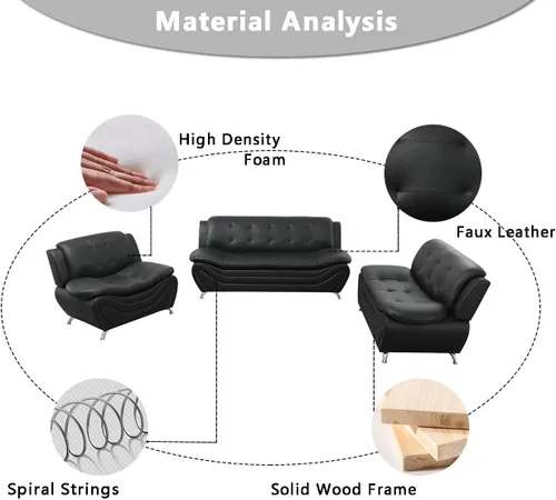 Miniatura 5 de Sofás de cuero para sala de estar, juego de sofá para dormitorio, apartamento, juegos de muebles de sala (a-cuero negro, sofá+sofá biplaza+silla)