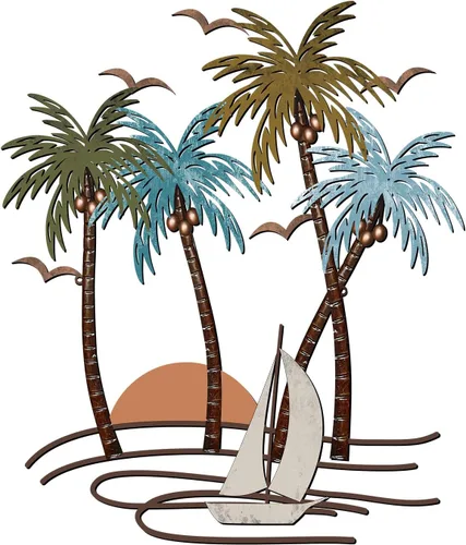 Shimeyao Arte de pared de metal costero, arte de pared de metal con palmera, decoración de playa al aire libre, baño, esculturas de árbol tropical