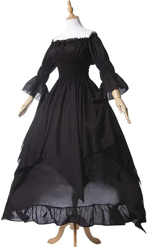 Miniatura 3 de SHOPESSA Vestido victoriano con corte alto y bajo con hombros descubiertos, volante medieval para mujer vestido renacentista