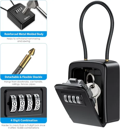 Miniatura 5 de AMIR Caja de bloqueo de llaves, caja de seguridad para exteriores para llaves con grillete extraíble, caja de bloqueo de combinación de 4 dígitos