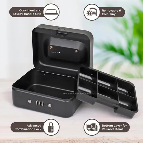 Miniatura 4 de Darice Caja de seguridad para dinero – Caja de dinero mediana con bandeja de dinero y candado – Caja de seguridad – Organizador para billetes