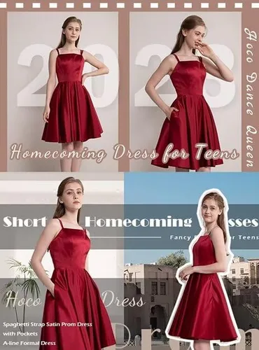 Miniatura 9 de Tianzhihe Vestidos cortos de satén para adolescentes 2024 con tirantes delgados, vestidos de fiesta de cóctel con bolsillos