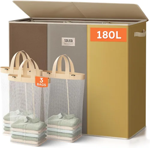 Miniatura 23 de SOLEDI Cesta de ropa sucia de 180L de 3 secciones, cesta de ropa sucia extra grande con tapa, cesta de ropa sucia con asa resistente, organizador