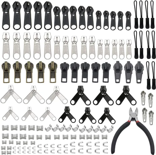 YaHoGa Kit de reparación de cremallera de 143 piezas de repuesto con alicates de instalación para bolsos, chaquetas, tiendas de campaña, mochilas,