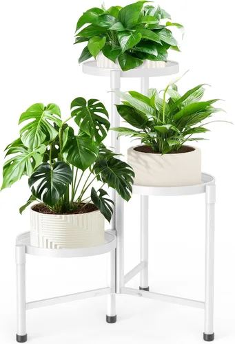 Miniatura 10 de Soporte esquinero de 3 niveles para plantas para interiores y exteriores, estante de metal para plantas con bandeja de 10 pulgadas de ancho, soporte