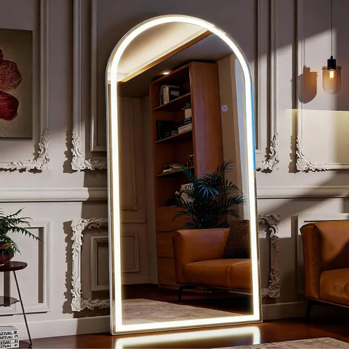 Miniatura 21 de Espejo LED de longitud completa, 30 x 71 pulgadas, espejo de cuerpo completo de vidrio templado con atenuación e iluminación de 3 colores de pie