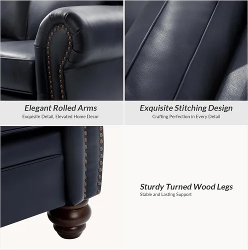 Miniatura 7 de El apoyo que necesitas 152 cm de ancho Sofá Chesterfield de cuero genuino, sofá con brazos enrollados, reborde con clavos para muebles de sala