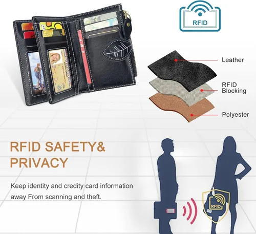 Miniatura 5 de CONISY Cartera pequeña para mujer, billetera compacta de cuero plegable con pulsera RFID bloqueo para mujer (negro)