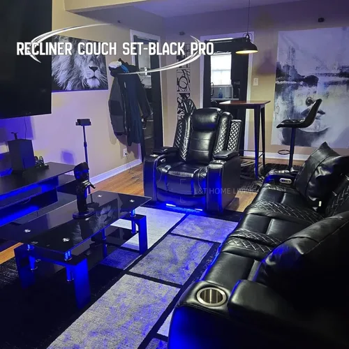 Miniatura 3 de Juego de sofá reclinable eléctrico de cuero con LED, juego de muebles de sala de estar, juego de sofá de cuero con puerto USB, consola