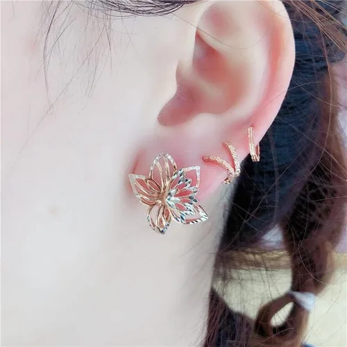 Miniatura 5 de SAGEKING 2024 New 585 Purple Gold 14K Rose Gold Hollow Out Exquisite Two-Color Flower Earrings For Women Romantic Light Luxury Engagement Jewelry