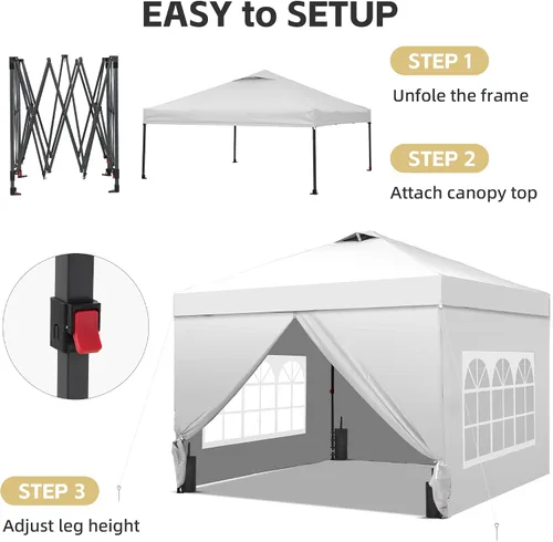 Miniatura 3 de GDY 10x10FT Pop-Up Canopy Tent — with 4-Side Walls & Vented Top, Portable Outdoor Event Tent for Garden, Poolside, Parks, Parties,Camping, White.