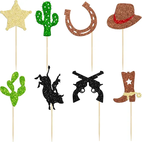 Miniatura 3 de 24 adornos de vaquero para cupcakes con purpurina, zapatos de caballo de vaquero, botas, púas de cupcakes, pistola de estrella, cactus, cupcakes