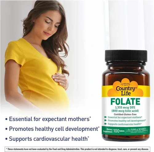 Miniatura 4 de Country Life Folato 800 mcg (ácido fólico), apoya el desarrollo celular saludable y la salud cardíaca, apoyo prenatal para mujeres, 100 tabletas