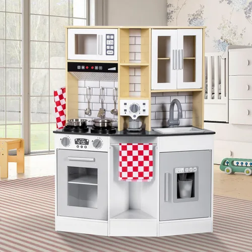 BRINJOY Juego de cocina para niños, cocina de madera para niños con grifo, fregadero, estufa, horno, utensilios de cocina, gabinetes de Blanco y